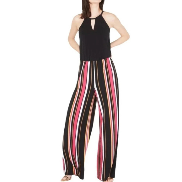 INC Women Pink Striped Black Sleeveless Halter Wide Leg Jumpsuit XL NWT - Picture 1 of 7